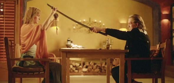 Still of Uma Thurman and David Carradine from Kill Bill